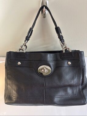 Coach Black Leather Shoulder Bag with Silver Turn-Lock